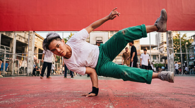 Breakdancer performing a freeze pose representing diverse youth culture and urban street lifestyle