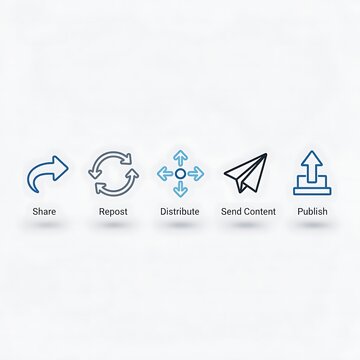 Flat icon set depicting share repost distribute send content and publish on a white background