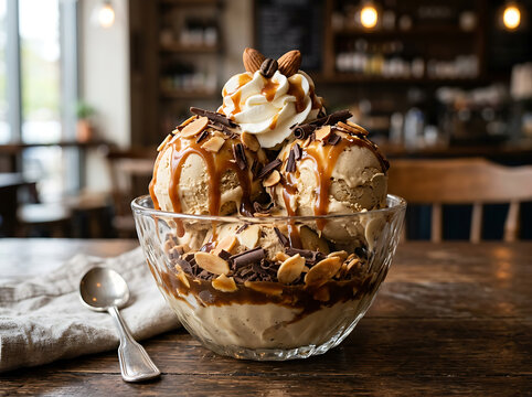 Delicious coffee ice cream sundae served in a glass bowl with caramel sauce and almonds.