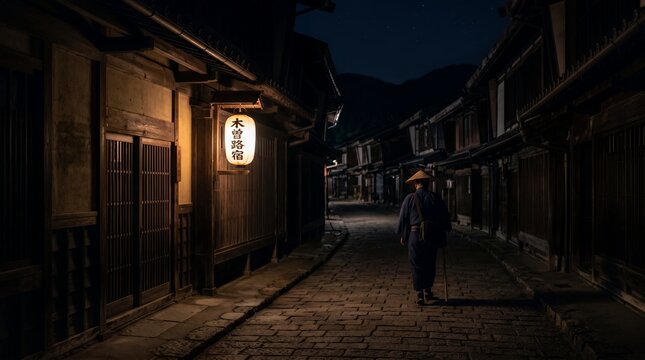 A lone traveler walks through a historic Edo period Kiso Road post town at night.