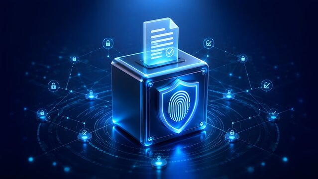 Secure digital document with checkmark emerging from glowing biometric vault with fingerprint shield and network padlocks.