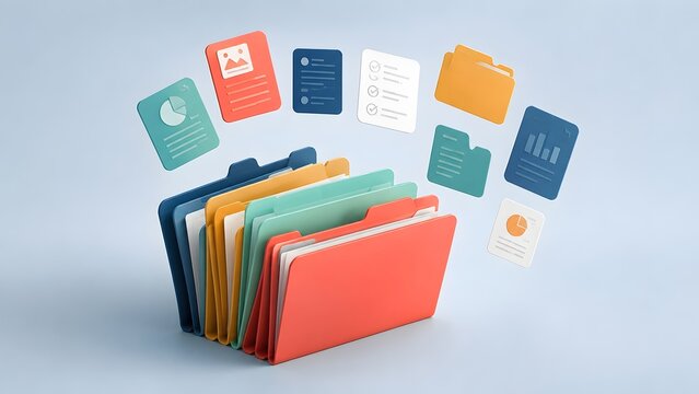 Colorful 3D file folders with floating digital document icons for data organization and modern office administration management system.