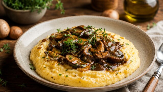 Mushroom Polenta Delight: Creamy polenta topped with a rich, savory mushroom ragu, garnished with fresh herbs, presented beautifully on a rustic plate, perfect for a comforting meal.