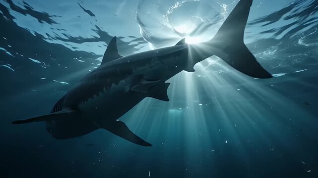 Underwater scene with sunbeams piercing the deep blue ocean, illuminating tiny particles in the water, conveying a serene and mysterious atmosphere.