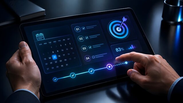 Business dashboard UI on a digital tablet showing calendar schedule progress task lists and target goals managed by a professional hand.
