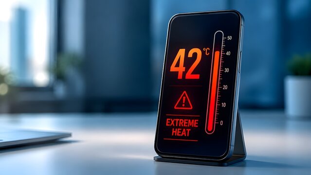 Smartphone displaying a high temperature warning at forty two degrees Celsius representing extreme heat and climate change danger.