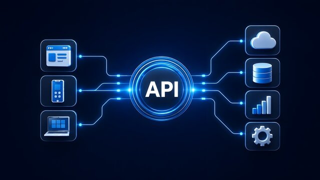 API application programming interface integration concept connecting software, mobile apps, databases, and cloud services seamlessly.