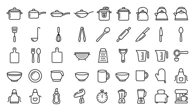 Kitchen Line Icon Set with Pots, Pans, Cooking Utensils, Cookware, Cutlery, Appliances, and Essential Culinary Tools