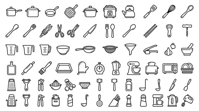 Cooking and Kitchen Equipment Editable Outline Icons Featuring Cookware, Utensils, Cutlery, Appliances, Baking Tools, and Accessories