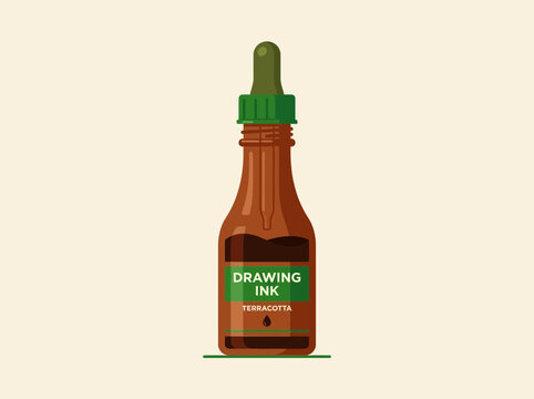 Illustration of a brown drawing ink bottle with a green dropper cap.