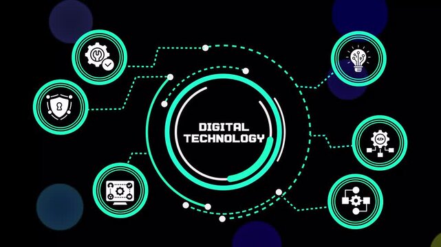 Digital Technology concept featuring connected smart systems, cybersecurity, cloud computing, automation, data analytics and futuristic enterprise infrastructure.