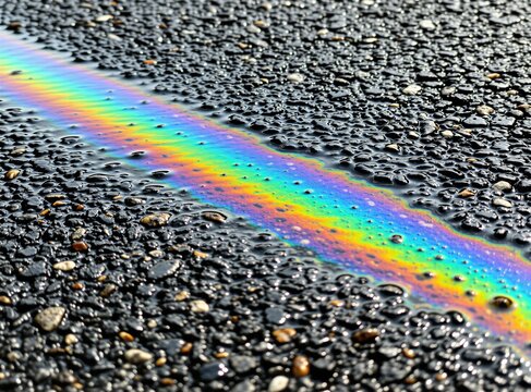 Rainbow iridescent oil spill on wet asphalt road surface. Dark grunge street pavement texture with metallic liquid reflection. Multicolored chemical slick puddle after rainy weather. Colorful