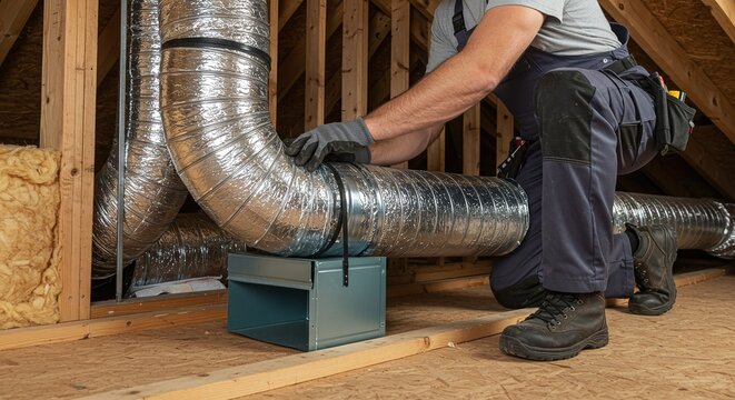A worker installing large metallic air ducts on a ceiling during a construction project.Concept of HVAC installation and professional services.