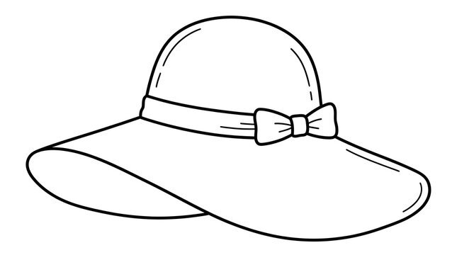 Elegant vintage sun hat with a decorative bow illustration in a simple black and white line art style
