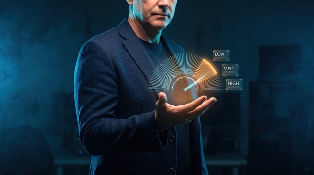 Executive holding a glowing holographic risk gauge showing low medium and high levels above an open palm
