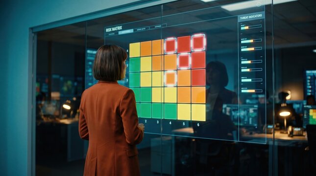 Businesswoman analyzing a risk matrix grid on a large glass wall display in a dim operations room