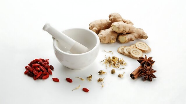 Fresh ginger root, spices, and dried herbs in a bowl