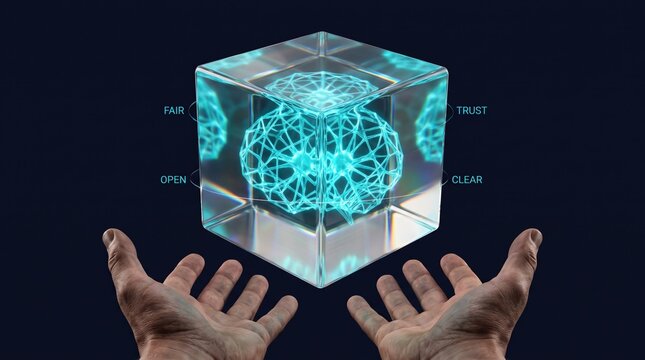 Open palms holding a transparent glass cube containing a glowing neural network as a symbol of algorithmic transparency