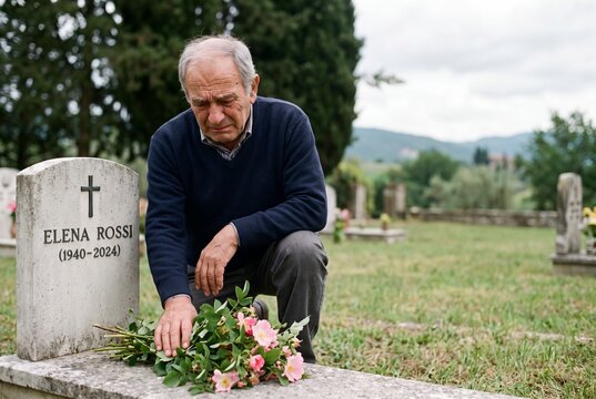 A sad senior man is kneeling in a grassy cemetery, placing a bouquet of pink roses on the gravestone of a loved one.