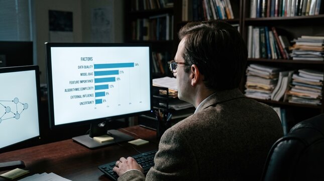 Researcher examining an AI explainability chart showing weighted decision factors on a monitor in a dark office