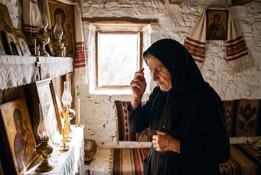 A devoted senior woman dressed in black stands in a rustic stone room, crossing herself in prayer before a traditional home altar with icons and lit candles.
