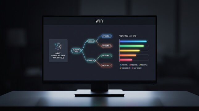 Dark mode explainable AI dashboard on a monitor showing weighted factor bars and a branching decision tree