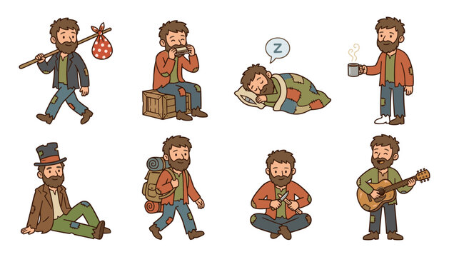 Homeless Man Hobo and Vagabond Cartoon Character Vector Set Featuring Poor Traveler Walking with Bindles Backpack Sleeping and Playing Music for Social Graphic Designs