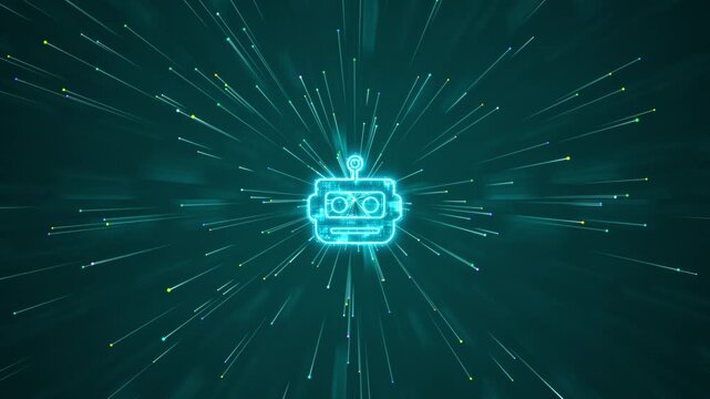 Motion graphic of a glowing digital robot head symbolizing artificial intelligence and machine learning, featuring fast particle streams designed for automation technology presentations.