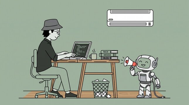 Programmer working with robot assistant at desk