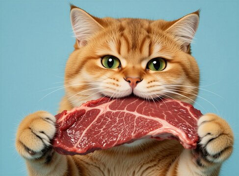 Ginger cat holds raw beef steak in paws and mouth against blue background. Feline looks directly at camera ready to eat meat. Cute pet enjoys fresh food.