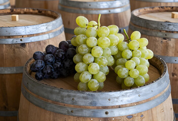 Naklejka premium Fresh green and red grapes on a wooden wine barrel, winemaking and harvest concept, vineyard and winery production