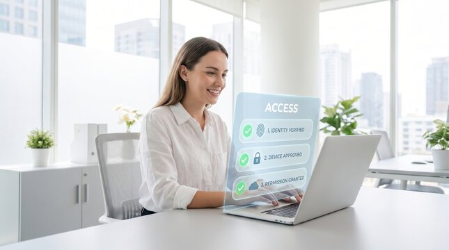 Business professional at a laptop with a floating access verification interface showing three completed security steps