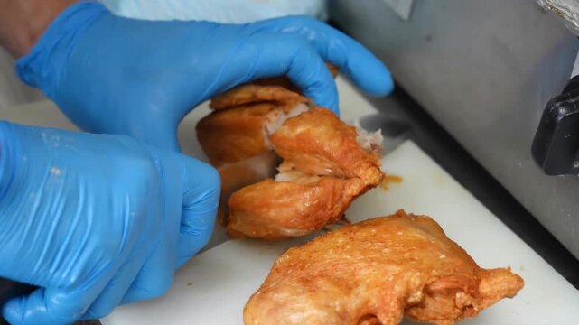 A commercial kitchen worker submerges raw poultry pieces into boiling oil within a stainless steel deep fryer vat, transfers golden fried chicken wings onto paper lined trays using metal tongs, and sl