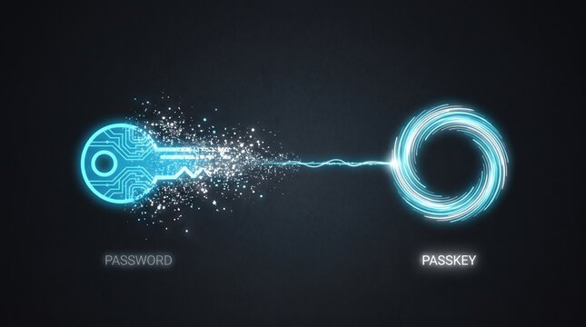 Glowing key dissolving into light particles and reforming as a fingerprint symbolizing the shift to passwordless login