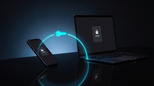 Laptop and smartphone on a dark desk linked by a glowing arc of light transferring a secure passkey