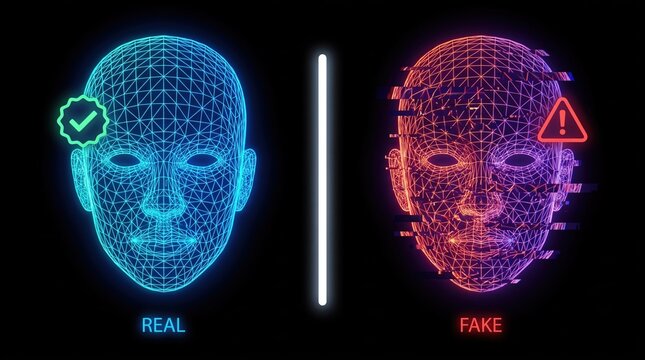Two wireframe face meshes compared side by side one verified and one flagged as fake in a deepfake detection concept