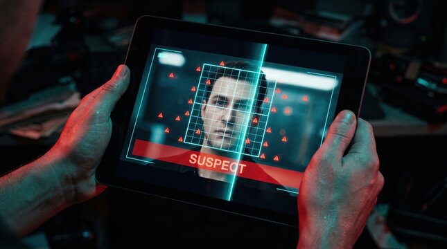 Hands holding a tablet analyzing a suspected deepfake video frame with red warning markers and a scan line