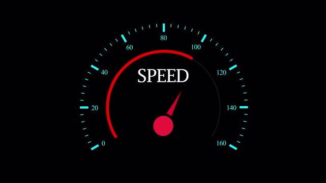 Futuristic speedometer gauge animation with glowing needle, digital dashboard interface, speed indicator, alpha channel, 4K