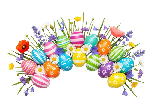 Decorated easter eggs with wildflowers and daisies on transparent background