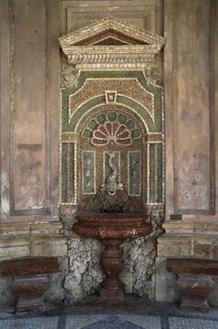 Fish from mussels as a water dispenser, fountain, mussel fountain in the Diana Temple, Hofgarten, Munich, Bavaria, Germany