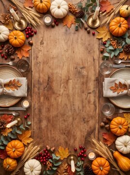 Rustic wooden table set for a fall meal, offering copy space