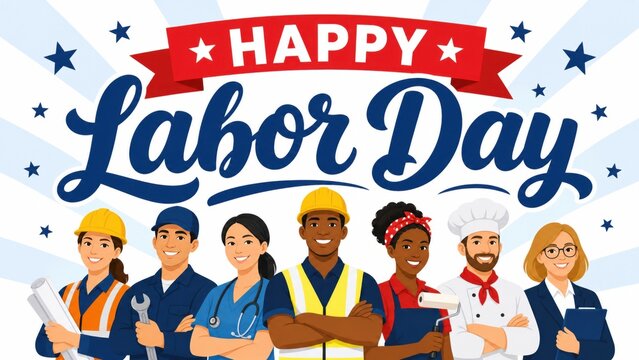 Happy diverse workers celebrating labor day with festive banner