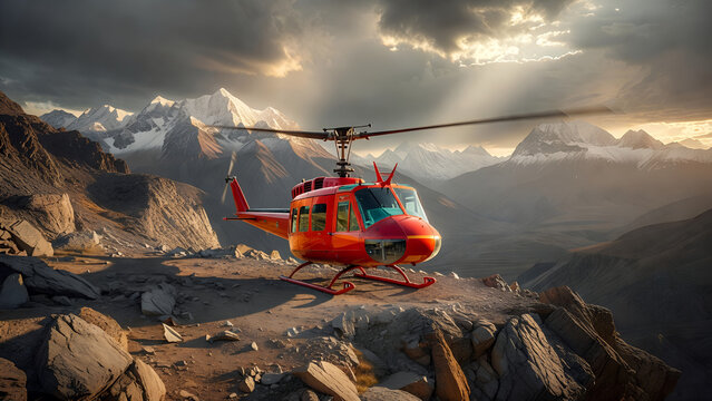 Red helicopter parked on a rocky outcrop with a mountainous backdrop