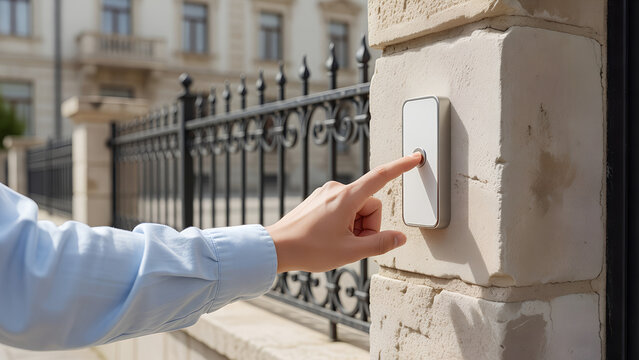 Hand pressing a white doorbell button on a stone pillar