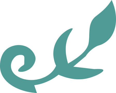 Minimal teal ornamental vine with a curled stem and stylized leaves, designed as a simple botanical decorative element.