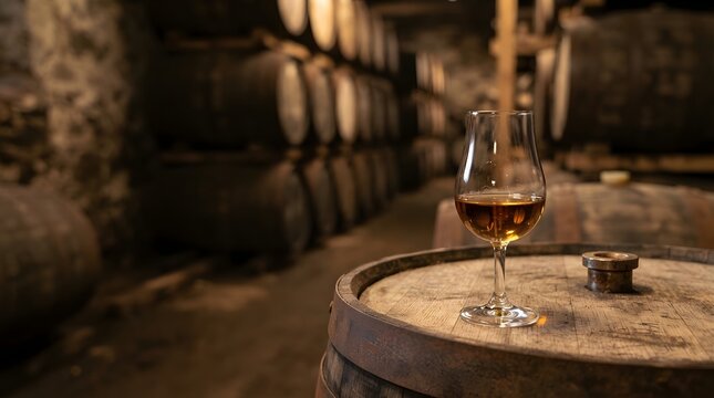 Whisky Glass on Oak Barrel in Warmly Lit Traditional Distillery Cellar
