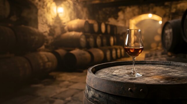 Whisky Glass on Oak Barrel in Warmly Lit Traditional Distillery Cellar