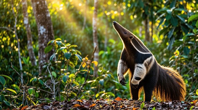 Lesser anteater stands upright on forest floor looking up at sun rays. Blurred green foliage and tree trunks form background. Wildlife animal in natural habitat.