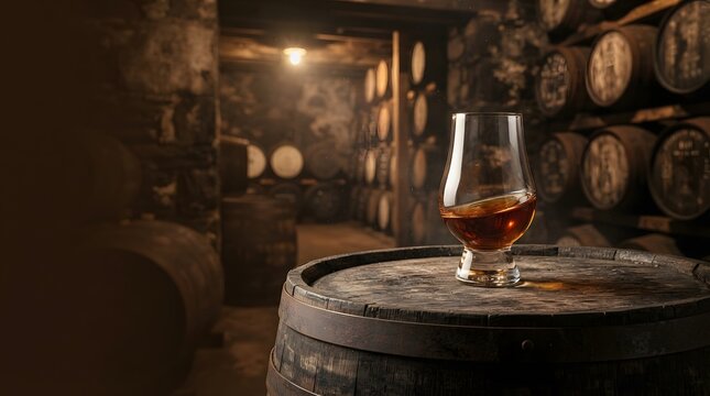 Whisky Glass on Oak Barrel in Warmly Lit Traditional Distillery Cellar