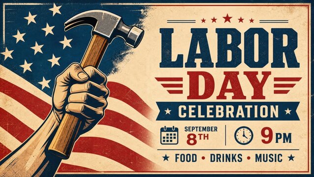 Labor day celebration poster with hammer and american flag background